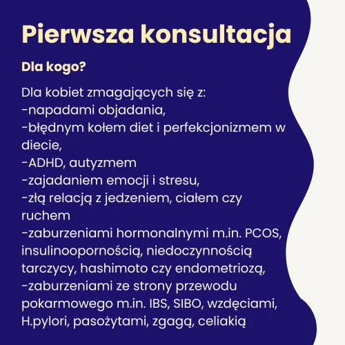 Pierwsza konsultacja psychodietetyczna – Lubań i online. Dowiedz się, jak wygląda współpraca z dietetykiem i psychodietetykiem. Pomagam kobietom zmagającym się z napadami objadania się, zajadaniem emocji, insulinoopornością i problemami hormonalnymi.